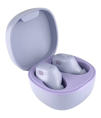 Kablosuz akustik kulaklıklar, telefon aksesuarları, izolasyonda beyaz arka planda.