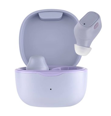 Kablosuz akustik kulaklıklar, telefon aksesuarları, izolasyonda beyaz arka planda.