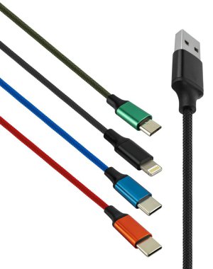 İzolasyonda beyaz arkaplanda mikro USB, Lightning ve C tipi kablo
