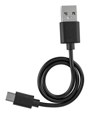 USB ve mikro USB bağlantı kablosu, siyah renk, izolasyonda beyaz arkaplan üzerinde