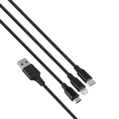 USB, Tip-C, Lightning ve mikro USB bağlantısı, siyah renk, izolasyonda beyaz arkaplan