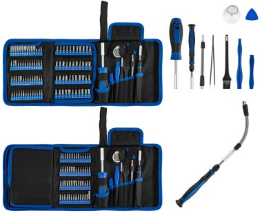 İzolasyonda beyaz arkaplan üzerinde araçlar ve tornavida bitleri