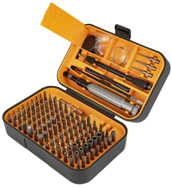 İzolasyonda beyaz arkaplan üzerinde araçlar ve tornavida bitleri