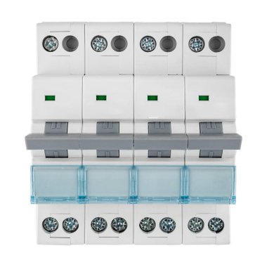 Beyaz bir arka planda devre kesicinin yakın çekimi. Resim aygıtın şeklini, terminallerini ve işaretlerini vurgular.