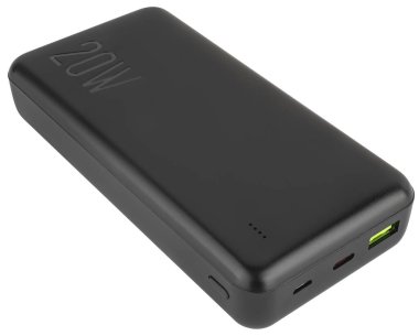 Beyaz arka planda USB portları olan modern siyah povbank. Elektronik mağazaları ve teknoloji katalogları için mükemmel..