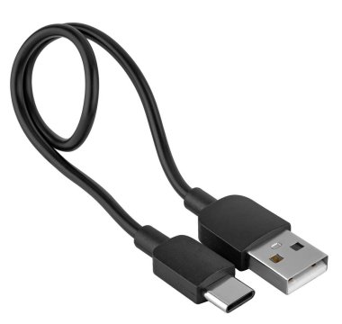 Beyaz USB-C tipi kablo beyaz arka planda düzgünce sarılmış