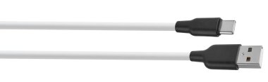 Metal uçlu beyaz bir USB C tip kabloya yakın çekim. Beyaz bir arkaplanda.