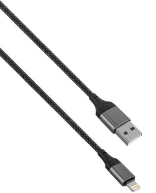 Naylon örgülü USB Lightning kablosu. beyaz arka plan, artan dayanıklılık ve tuhaflıklara karşı direnç.