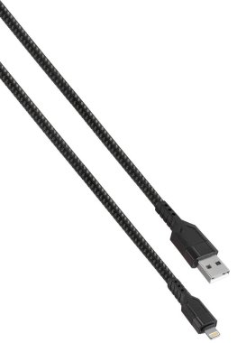 Naylon örgülü USB Lightning kablosu. beyaz arka plan, artan dayanıklılık ve tuhaflıklara karşı direnç.