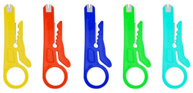 Beyaz arka planda profesyonel tel soyma bıçağı. Elektrikçiler için araç, elde rahat.