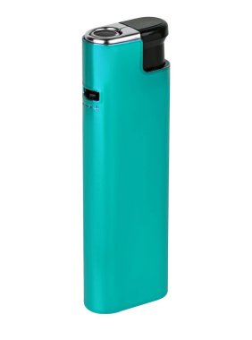 Sigara ve puro yakmak için metal gaz çakmağı. İzolasyonda beyaz bir arka planda. Şık tasarım ve kolay tek dokunuşlu işlem.