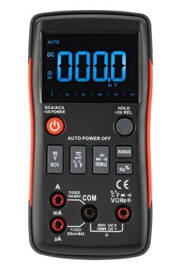 Beyaz zemin üzerinde LCD ekranı olan modern çoklu metre. Beyaz arka planda. Yüksek doğruluk ve berraklıkla parametreleri gösterir.