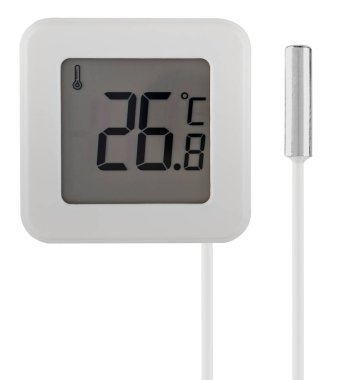 Hassas ölçümler için uzaktan sensörlü sıkıştırılmış elektronik termometre. Cihaz ev, ofis veya açık hava kullanımı için uygundur.