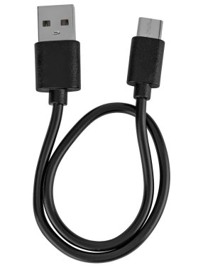 USB ve mikro USB bağlantıları olan kablo, izolasyonda siyah üzerine beyaz arkaplan.