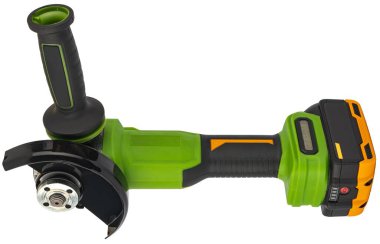 Metal kesmek ve öğütmek için kablosuz açı öğütücü. İzolasyonda beyaz bir arkaplanda.