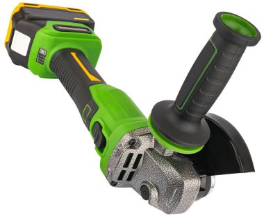 İnşaat işleri için taşınabilir kablosuz açı öğütücü. İzolasyonda beyaz bir arkaplanda.