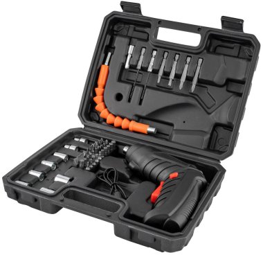 Pratik kablosuz tornavida kullanım için parlak kontrollü. Beyaz bir arka planda. Çeşitli vidaların hızlı sıkılmasını ve gevşemesini sağlar.