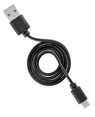 Mikro USB ve USB bağlantıları olan siyah kablo, izolasyonda beyaz bir arkaplan üzerinde