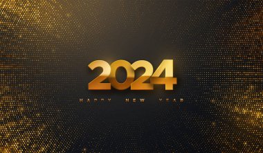 Mutlu yıllar 2024. Vektör tatil illüstrasyonu. Siyah arkaplandaki altın 2024 rakamları parıldayan parıltılarla desenlendirilmiş. Patlayan ışık ışınları ile festival afişi. Modern kapak tasarımı