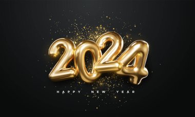 Gerçekçi 2024 altın sayı ve siyah arka planda şenlikli konfeti. Vektör tatil illüstrasyonu. Mutlu yıllar 2024. Yeni yıl süsü. Süslü dekorasyon ögesi