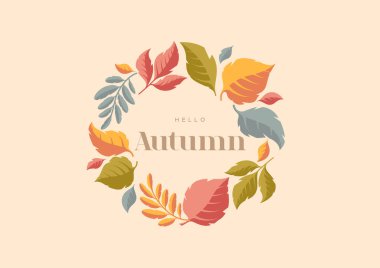 Sonbahar, yuvarlak çerçeve tasarımı bırakır. Merhaba Autumn. Vector vintage illüstrasyon. Mevsimlik pankart şablonu