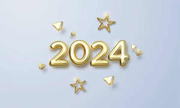 Happy New 2024 Year. Holiday vector illustration of golden metallic numbers 2024 and ornamental shapes. Realistic 3d sign. Festive poster or banner design