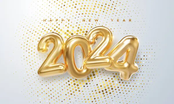 Happy New 2024 Year. Holiday vector illustration of golden metallic numbers 2024 and sparkling glitter pattern. Realistic 3d sign. Festive poster or banner design