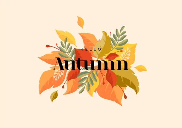 Hallo Herbst Saisonale Herbstliche Komposition Mit Bunten Blättern Vintage Plakatdesign lizenzfreie Stockillustrationen