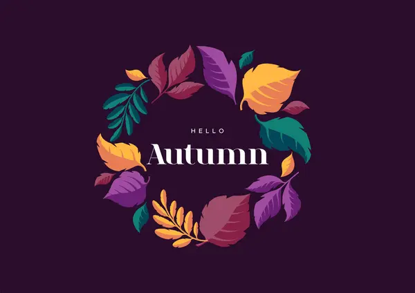 Sonbahar Yuvarlak Çerçeve Tasarımı Bırakır Merhaba Autumn Vector Vintage Illüstrasyon Vektör Grafikler