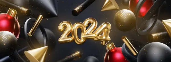 Veselé Vánoce Šťastný Nový Rok Zlatá 2024 Čísla Vánoční Míč Stock Ilustrace