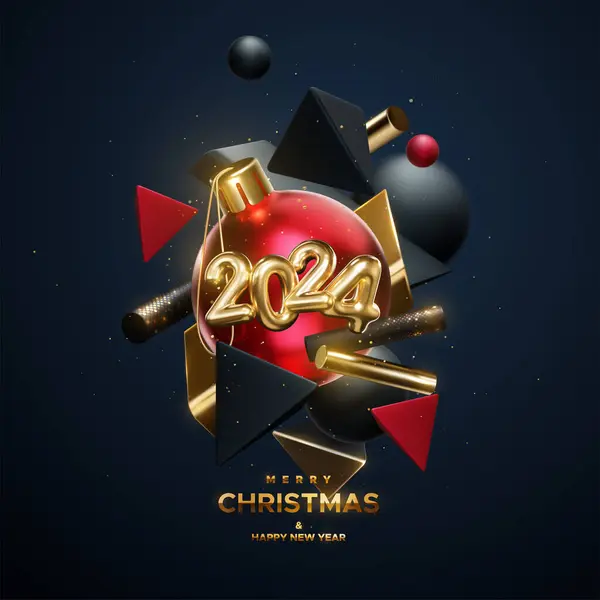Mutlu Noeller Mutlu Yıllar Altın 2024 Numara Noel Topu Siyah Stok Vektör