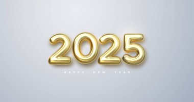 Mutlu 2025 seneleri. 2025 altın metalik numaraların tatil vektör illüstrasyonu. Gerçekçi 3D işareti. Festive poster ya da afiş tasarımı