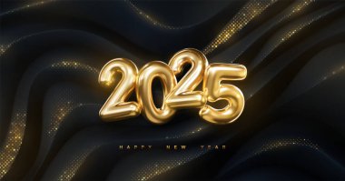 Mutlu 2025 seneleri. Vektör tatil illüstrasyonu. Siyah geometrik arka planda 2025 numaralı altın sayılar ve simler. Bayram afişi. Dalgalı topografik arkaplan.