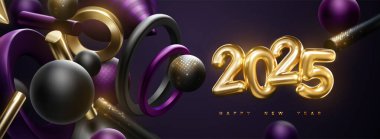 Mutlu 2025 yılbaşı tabelası. 2025 altın sayılarının vektör çizimi ve soyut akışkan geometrik üç boyutlu şekiller. Bayram posteri ya da afiş tasarımı. NYE parti daveti