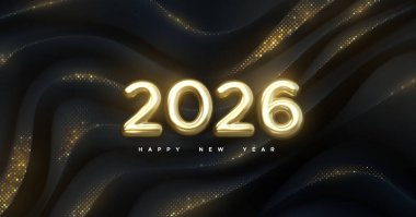 Siyah geometrik zemin üzerinde parıltılı altın sayılar 2026. Mutlu yıllar 2026. Vektör tatil illüstrasyonu. Bayram afişi. Dalgalı topografik arkaplan.