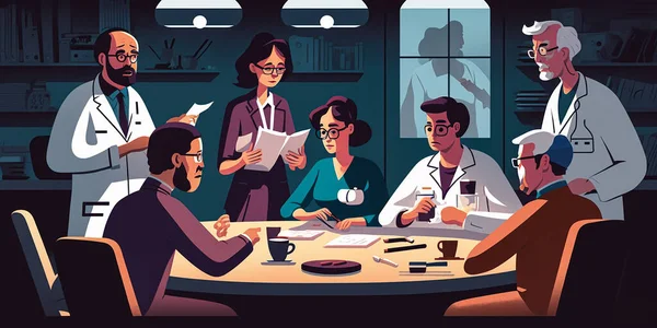illustration of a medical team collaborating on a treatment plan for a patient.