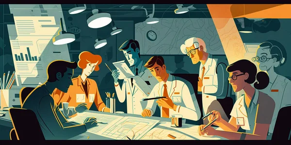illustration of a medical team collaborating on a treatment plan for a patient.