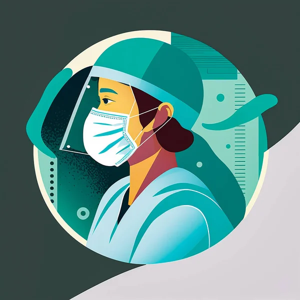 illustration of a healthcare worker, such as a doctor or nurse, wearing a face mask and protective gear during the COVID-19 pandemic.