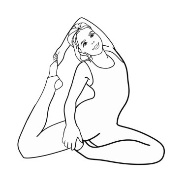 Gülümseyen kadın vektör düz çizim egzersizleri yapıyor. Evde ya da spor salonunda pilates ya da yoga yapan mutlu kadınlar. Tasarımcı, logo, simge için boş