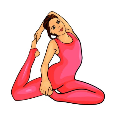 Gülümseyen kadın vektör düz çizim egzersizleri yapıyor. Evde ya da spor salonunda pilates ya da yoga yapan mutlu kadınlar. Tasarımcı, logo, simge için boş