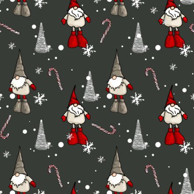 Noel cüceleri ve Noel ağaçlarıyla kusursuz desen. Kusursuz Noel çizimi, tasarımcı deseni, logo, simge, tekstil