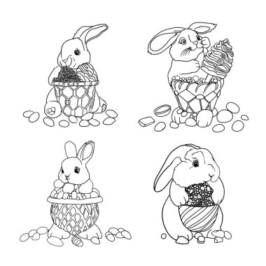 Vector illustration of four cute rabbits with different sweet candies. Easter bunnies. Isolated on white background. For printing packaging, cards, designers, clothes, interior, icon, logo