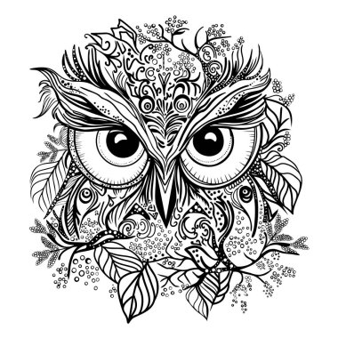Antistress coloring page. Eyes and feathers. Owl mandala decorative design. Isolated on white. For child coloring page, tattoo design, print design, packaging, cards, designers, clothes, icon, logo
