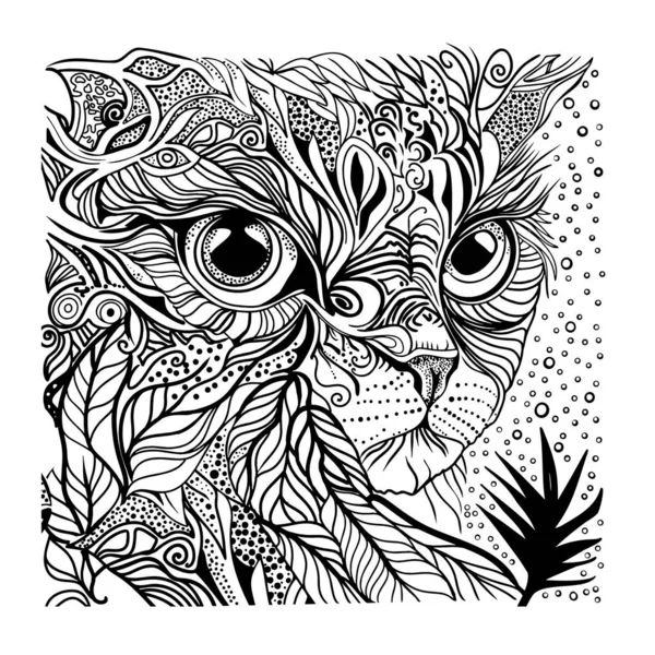 Antistress coloring page. Magic cat head with feathers mandala design. Isolated on white. For child coloring page, tattoo design, print design, packaging, cards, designers, clothes, icon, logo