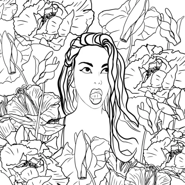 Antistress Coloring Page Beautiful Girl Long Wavy Hair Blooming Exotic — ストックベクタ