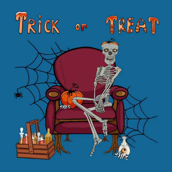 Vector Halloween Cartoon Illustration Party Banner Skeleton Chair Pumpkin Witch — Vettoriale Stock