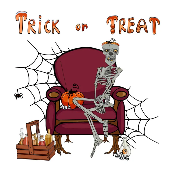 Vector Halloween Cartoon Illustration Party Banner Skeleton Chair Pumpkin Witch — Image vectorielle