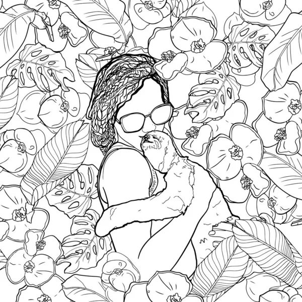 Antistress Coloring Page Cute Girl Pigtails Braids Her Hair Carefully — Stockový vektor