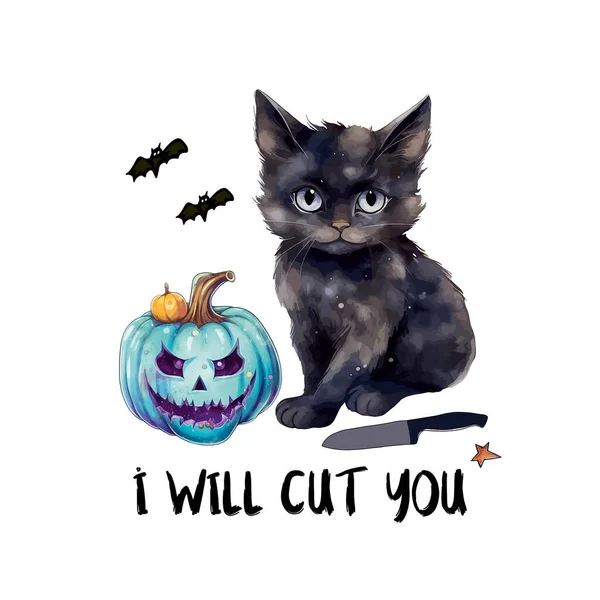 万圣节里一只笑着的黑猫的画像 一只可爱的猫的画像 带南瓜的猫的矢量图解 儿童设计 设计空白 打印在T恤衫上 — 图库矢量图片