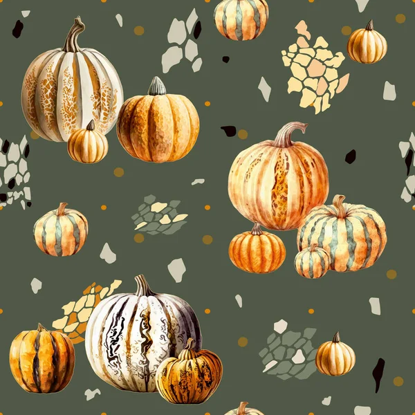 Autumn Pumpkins Leaves Abstraction Pumpkins Fall Thanksgiving Holiday Print Fabric — Stock Vector